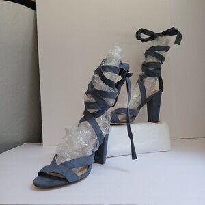 Shoe Dazzle  'Natty' Dusty Blue Suede OpenToe BlockHeel 34"Lace Over Ankle Sz8.5